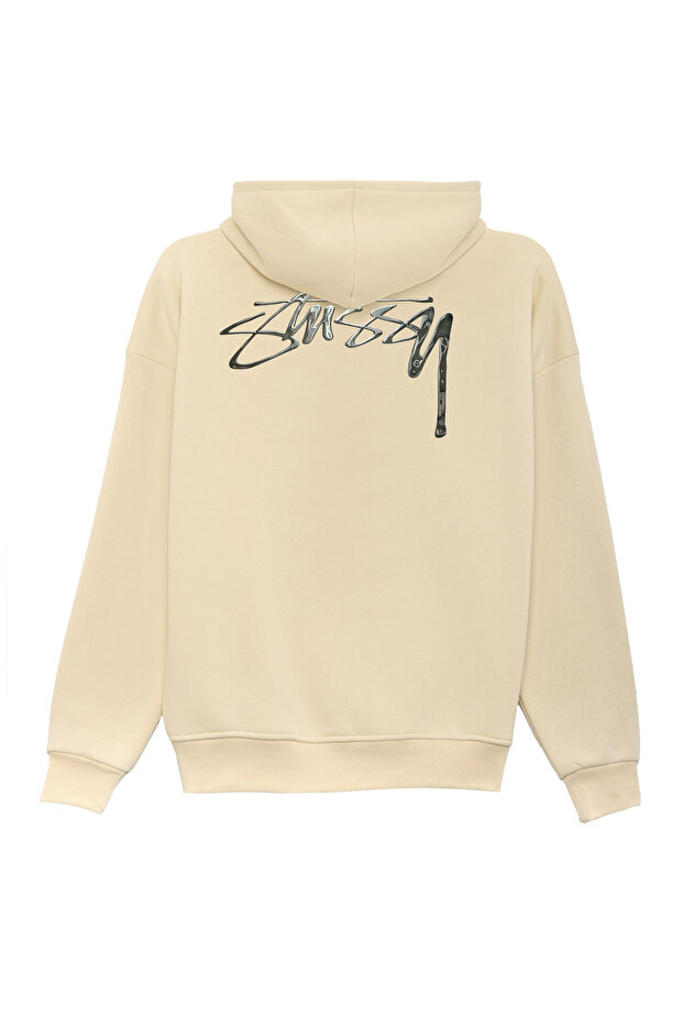 Unisex Stüssy Melted Printed Oversized Bol Cut Cotton 3 Thread Ş Fleece-Lined Beige K Hooded Sweatshirt