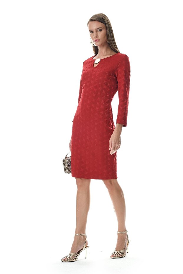 Gold Aksesuarlı Örme Jakar Mini Elbise - 5