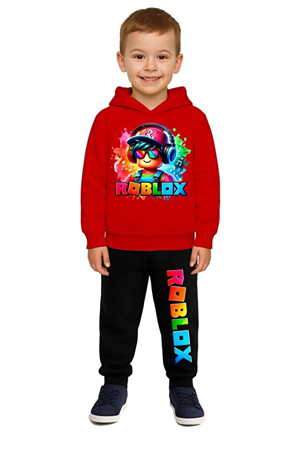 Roblox Printed Children's Tracksuit Set 3 Thread Ş Fleece-Lined Cotton Fabric Hooded