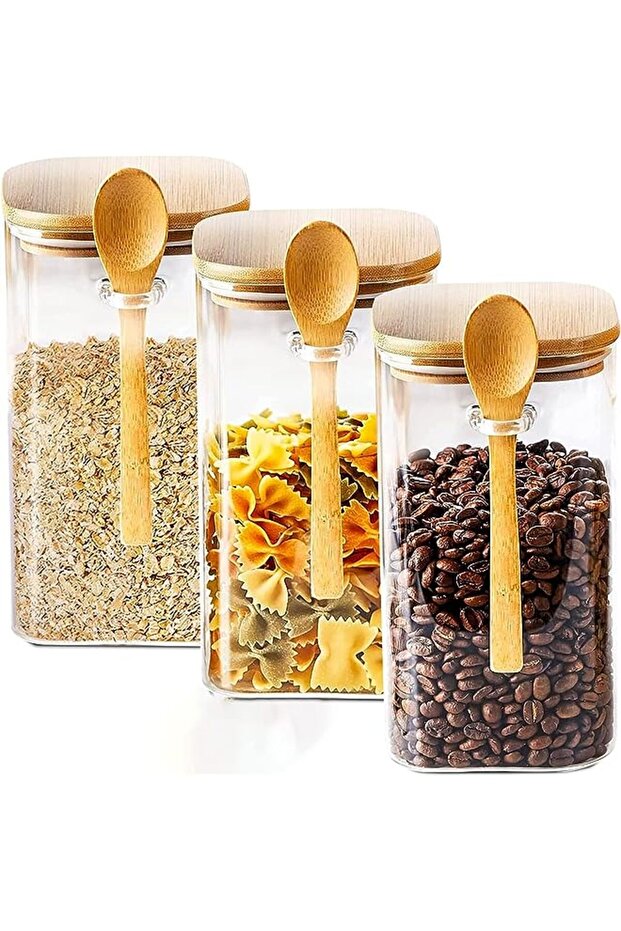 Glass Storage Jars with Airtight Bamboo Lid and Spoon