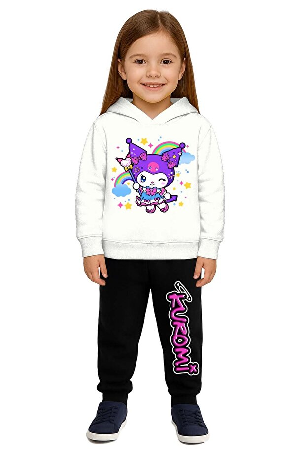 Kuromi Printed Children's Tracksuit Set 3 Thread Ş Fleece-Lined Cotton Fabric Hooded