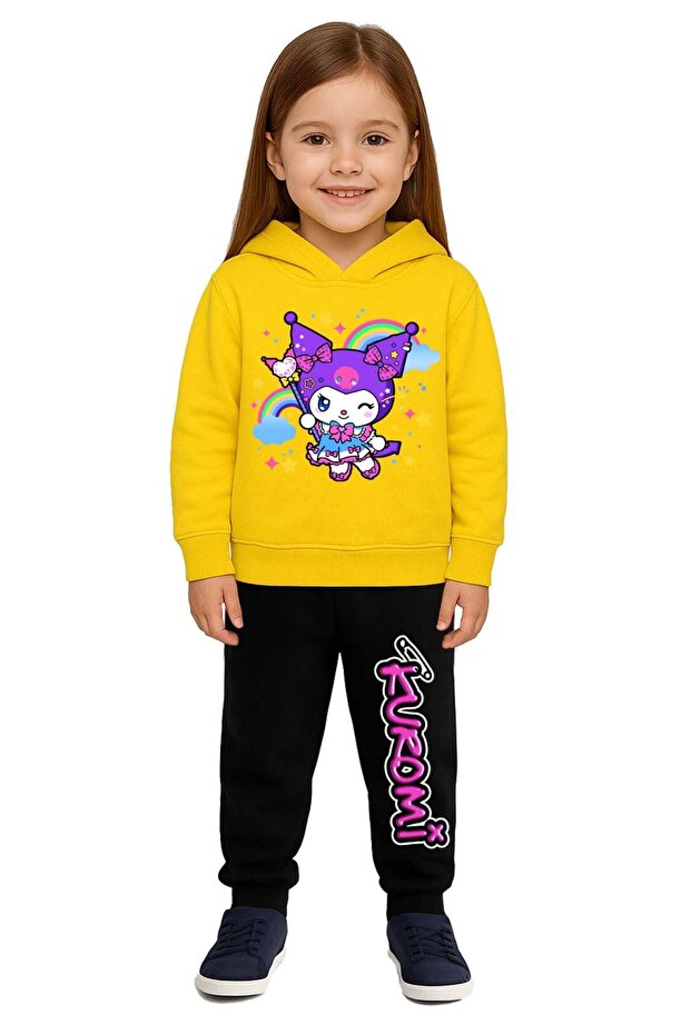 Kuromi Printed Children's Tracksuit Set 3 Thread Ş Fleece-Lined Cotton Fabric Hooded