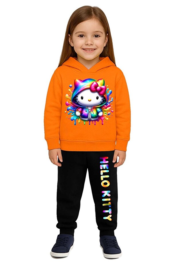 Hello Kity Printed Children's Tracksuit Set 3 Thread Ş Fleece-Lined Cotton Fabric Hooded
