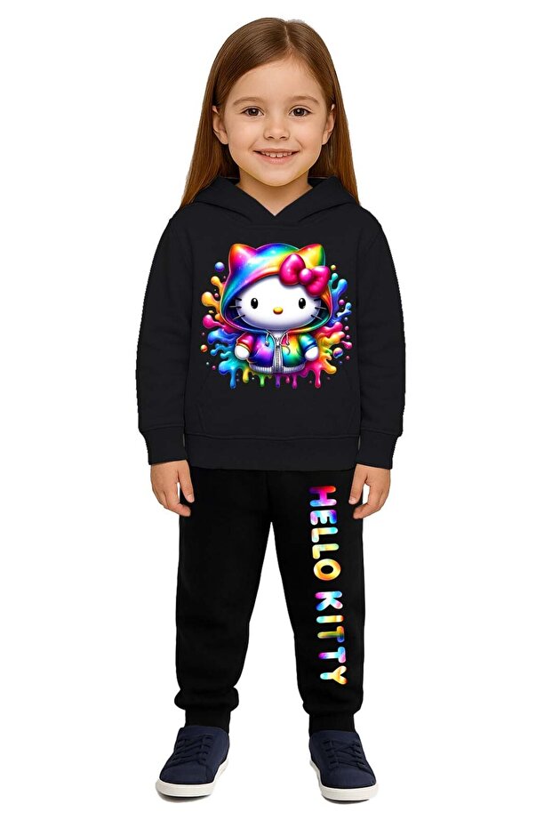 Hello Kity Printed Children's Tracksuit Set 3 Thread Ş Fleece-Lined Cotton Fabric Hooded