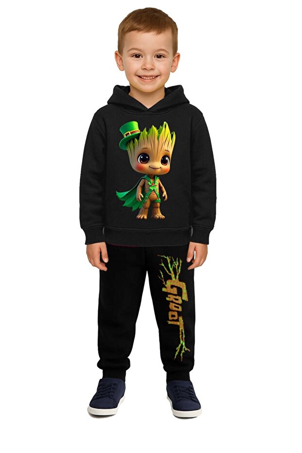 Groot Printed Children's Tracksuit Set 3 Thread Ş Fleece-Lined Cotton Fabric Hooded