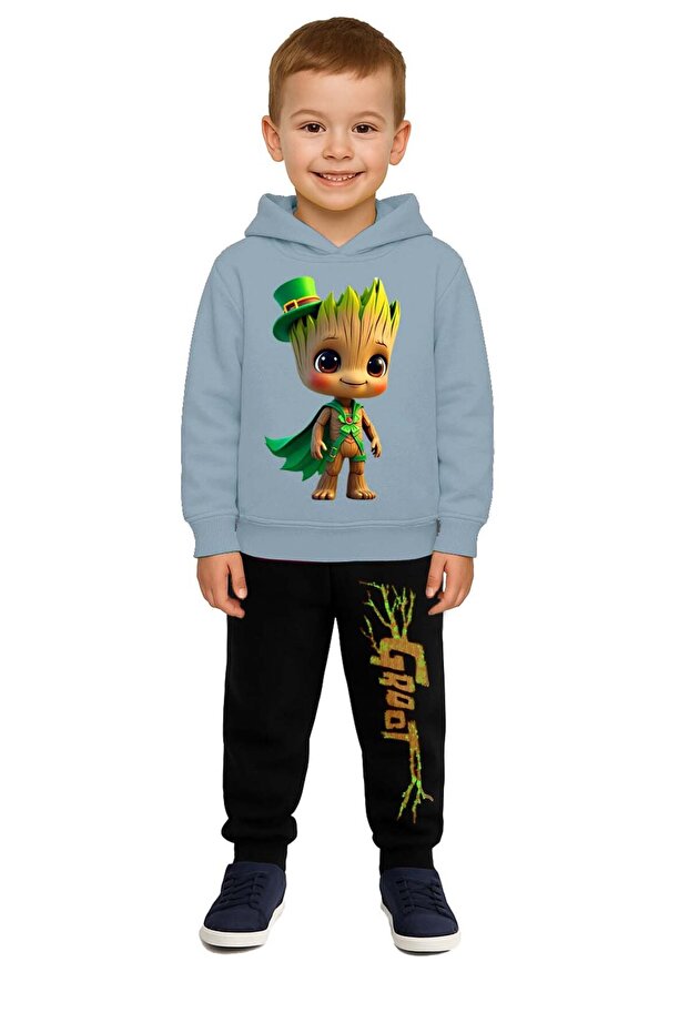 Groot Printed Children's Tracksuit Set 3 Thread Ş Fleece-Lined Cotton Fabric Hooded