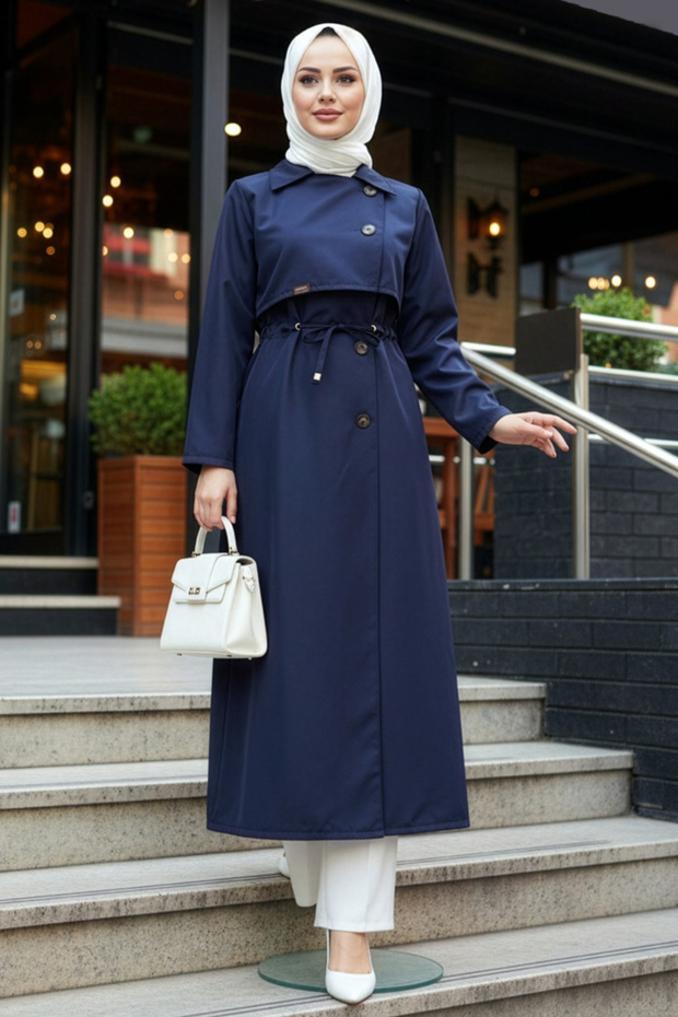 Buttoned Navy Blue Hijab Trench Coat 684L