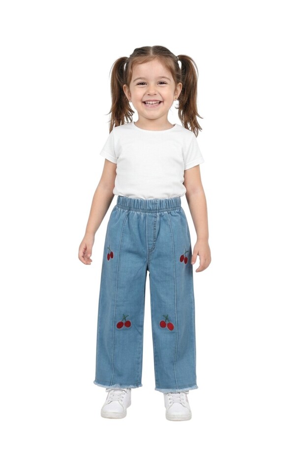 Girls' Cotton Jeans with Elastic Waistband, Casual Comfortable Fit, Wide Loose Leg Jeans