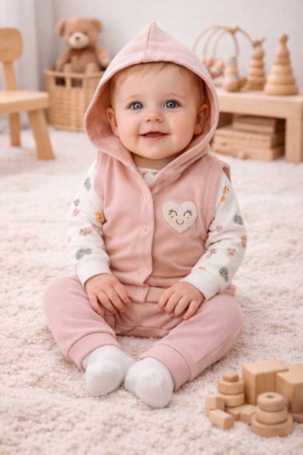 Baby Girl 3-Piece Set 100% Cotton Comfortable Fit Heart Embroidered Baby Clothing Set