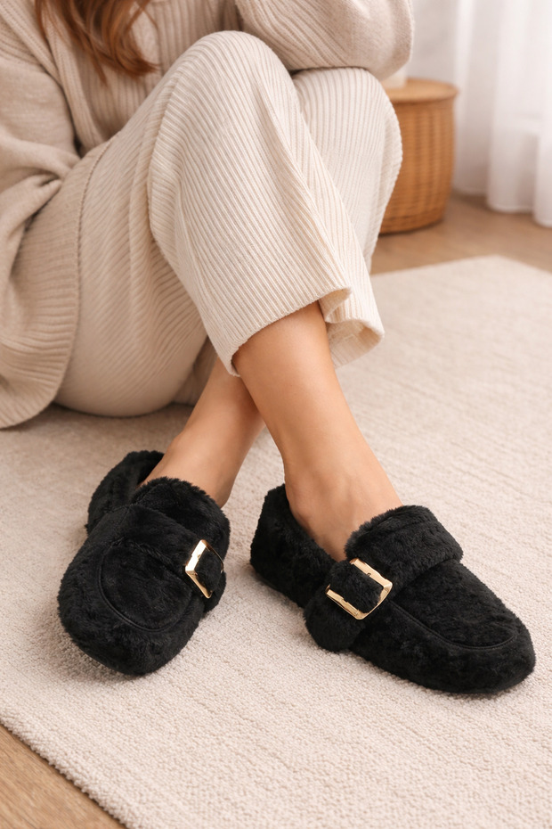 Women's Home Ballet Flats Black Velcro Plush Stylish Women's Home Slippers Ballet Flats