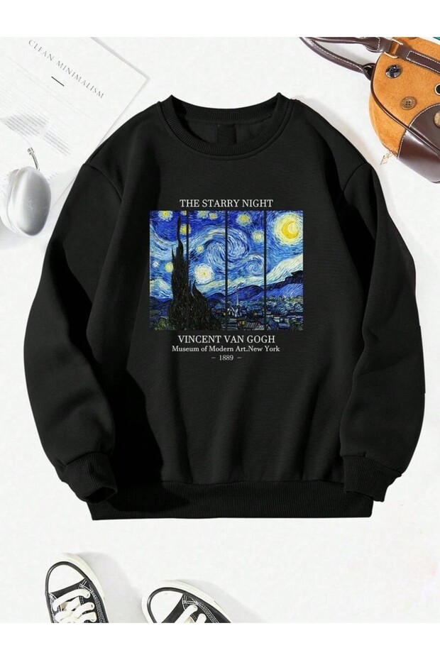 Unisex Van Gogh Printed Crew Neck Black Sweatshirt
