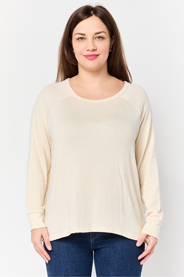 Women Round Neck Long Sleeve Plain Top, Ivory
