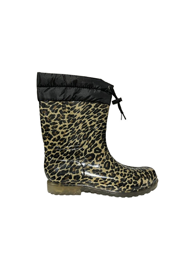 Leopard Patterned Rubber Boots with Fur Inside - 1