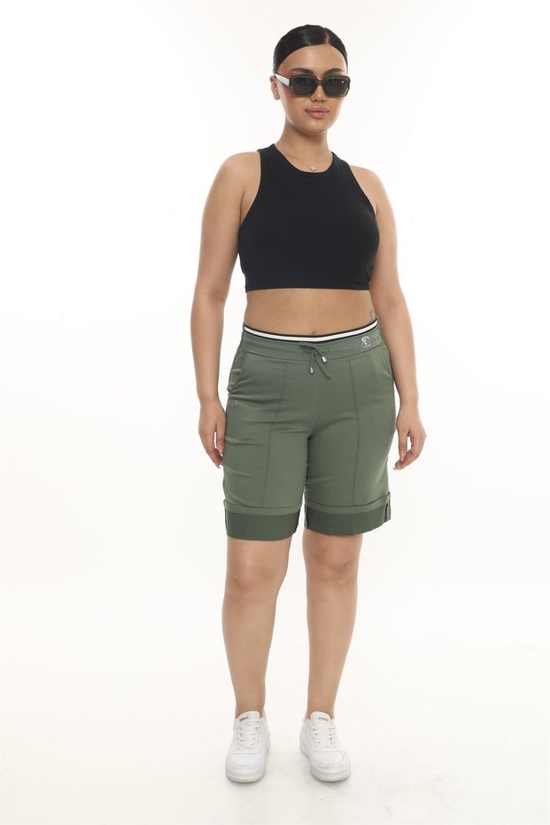 Women's Khaki Summer Lace-Up Stoned Elastic Bermuda Shorts