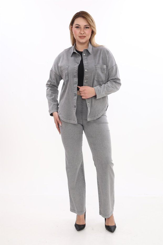 Women's smoky summer jacket with snap buttons, elastic waist and pockets, 2-piece set