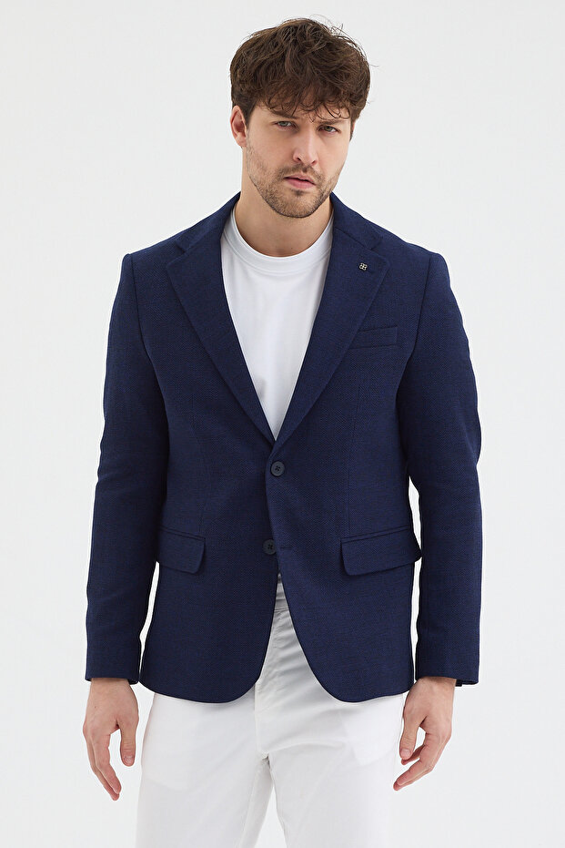 Celux Men's Indigo Polyviscon Fabric S Slim Fit Self-Wiping Mono Collar Sports Blazer Jacket