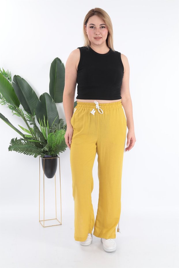 Women's Mustard Summer Linen Trousers with Elastic Waist & Lace-Up Sides and Striped Legs Slit