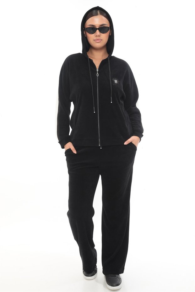 Women's Winter Special Embroidered Zippered Hooded Stone Black Velvet Tracksuit Set