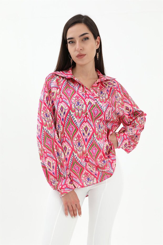 Pink Ethnic Patterned Lightweight Flowy Regular Fit Satin Surface Comfortable Fit Stylish Satin Shirt Blouse