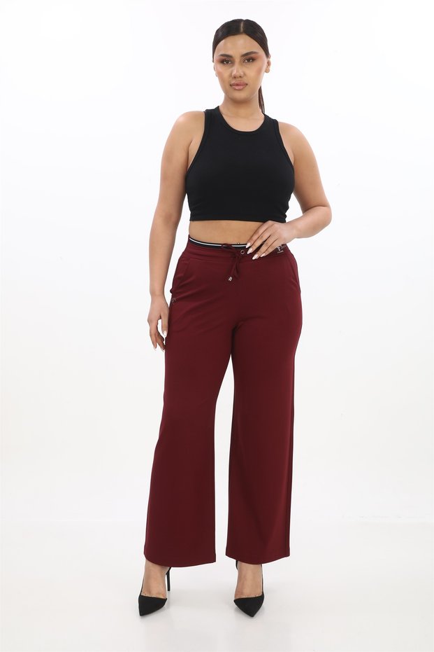 Women's Burgundy Summer Elastic Waist Stoned Printed Trousers