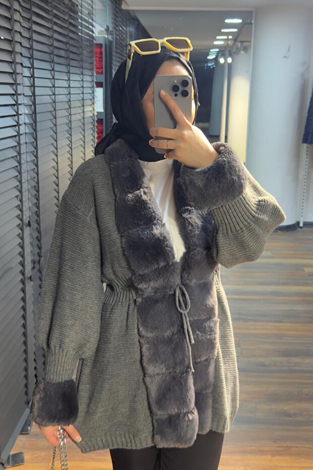 Fur Detailed Cardigan Anthracite