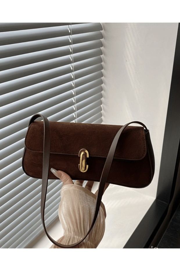 NORA Women's Suede Baguette Handbag with Single Shoulder Strap and Special Locking System