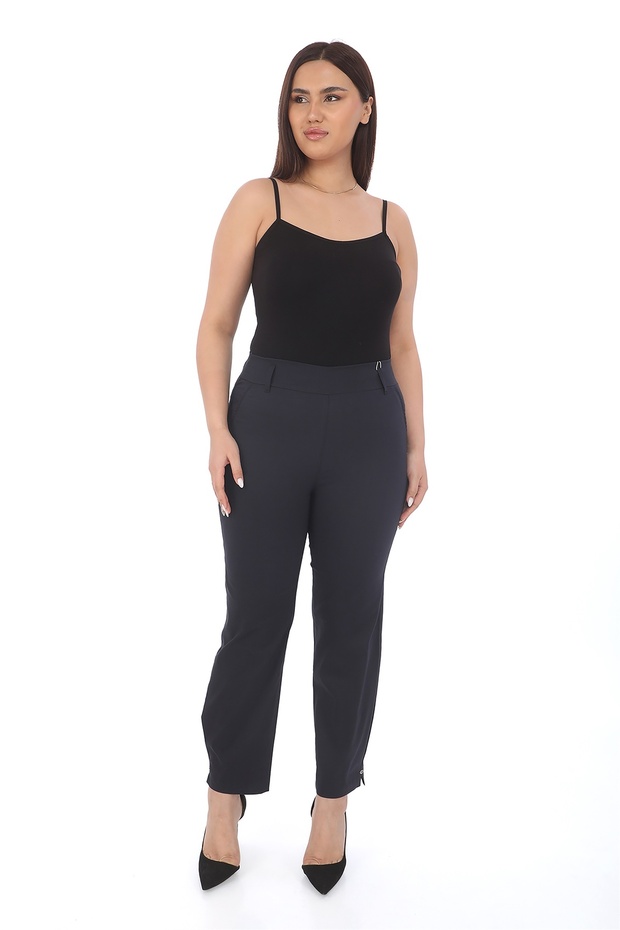 Women's Navy Blue Summer Trousers with Decorative Front Pocket, Leg Accessory, Logo Detail, Elastic Waist