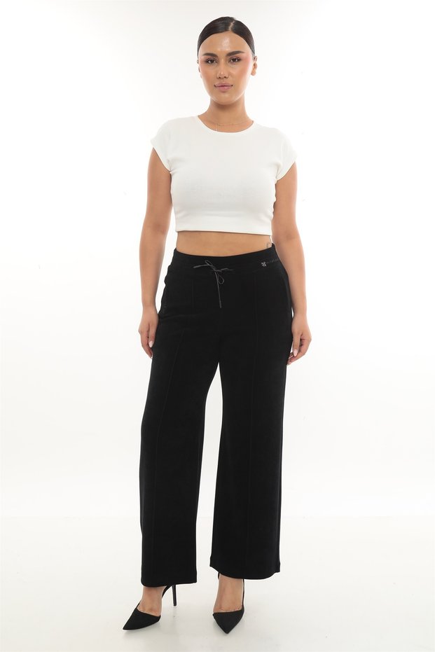 Women's Winter Black Velvet Trousers with Bee Accessories and Stone Pipe Leg Detail