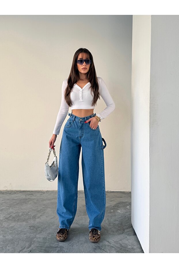 Side Belt Blue Buckle Cargo Pocket Detail Baggy Jeans