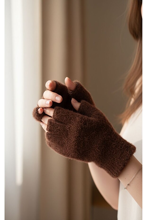 Kadın Peluş Kısa Parmak Eldiven - 2