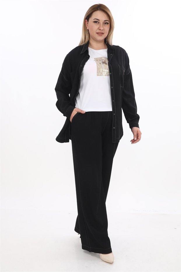 Women's Black Summer Snap T-Shirt with Printed Elastic Waist Pipe-Legged Pants 3-Piece Set