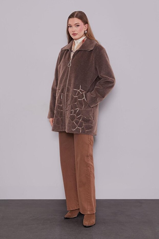 Kahve Pullu Desen Midi Kaban - 2