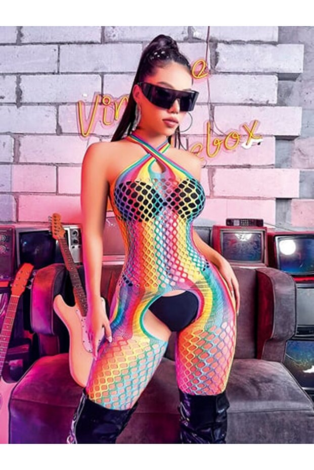 Rainbow Patterned Flexible Mesh Body Sock - 1