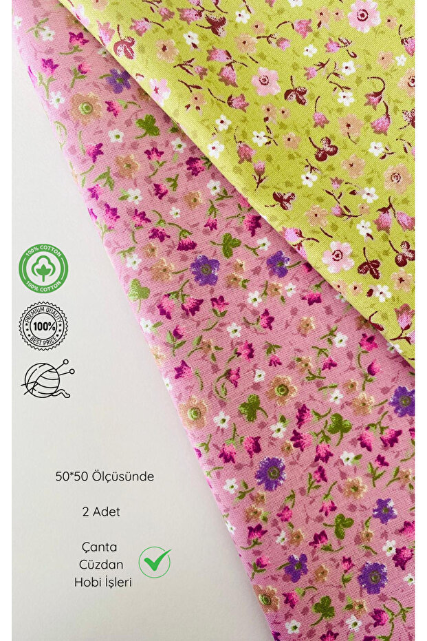 seyranat Çanta, Cüzdan, Hobi İşleri İçin 2 Adet Pembe, Yeşil Çiçek Desenli Pamuklu 50 cm 50 cm Parça Kumaş