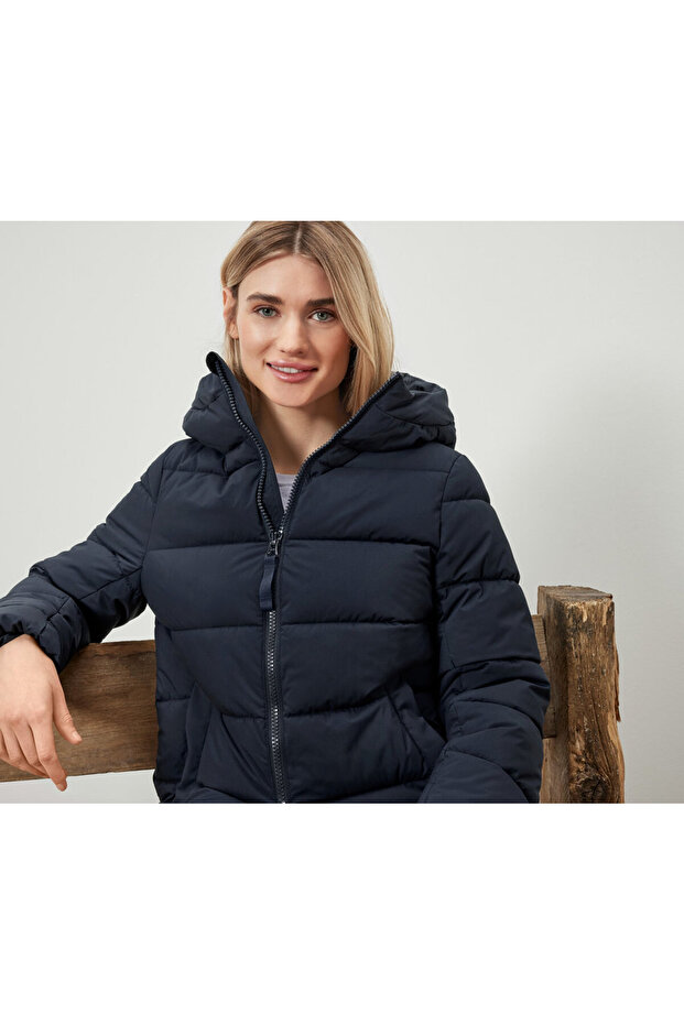 Kadın Kapitone Mont, Kapüşonlu, Mavi - 5