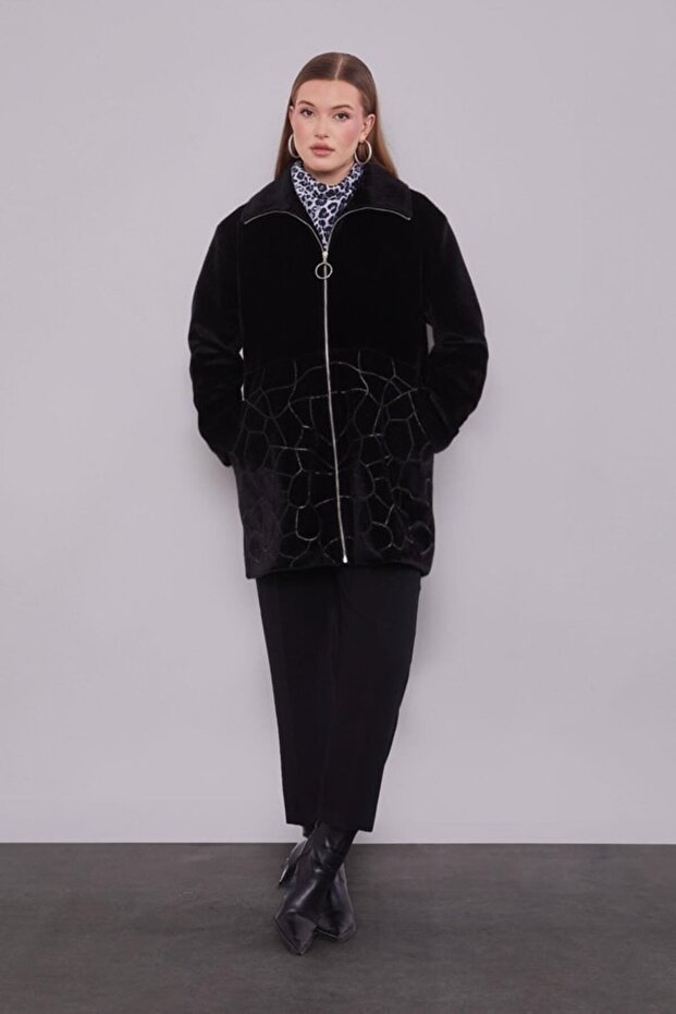 Siyah Pullu Desen Midi Kaban - 2