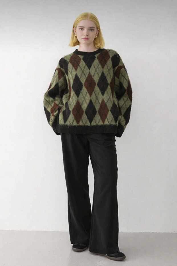 Women's Khaki Sardonlu Baklava Pattern Knitwear Sweater Soft Textured Regular Fit -0027