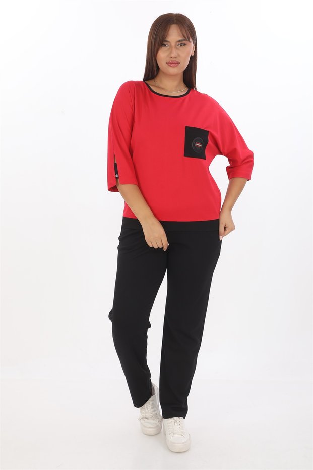 Women's Red Seasonal Piped Pocket Jacket with Sleeves, 2-Piece Set