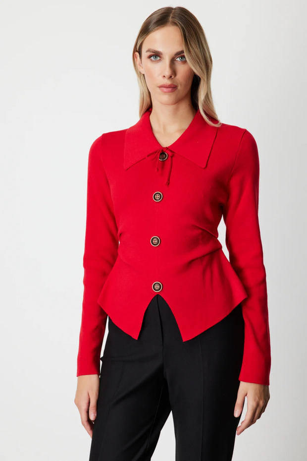 Ruched Detail Knitwear Sweater with Ten Decorative Buttons