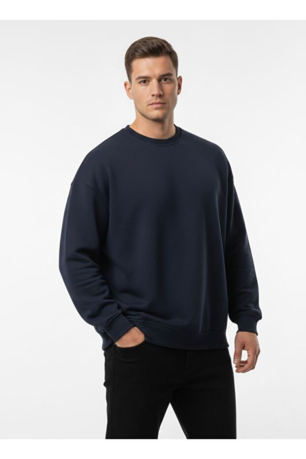 Men's Crew Neck Cotton Fleece-Lined Basic Oversized Sweatshirt