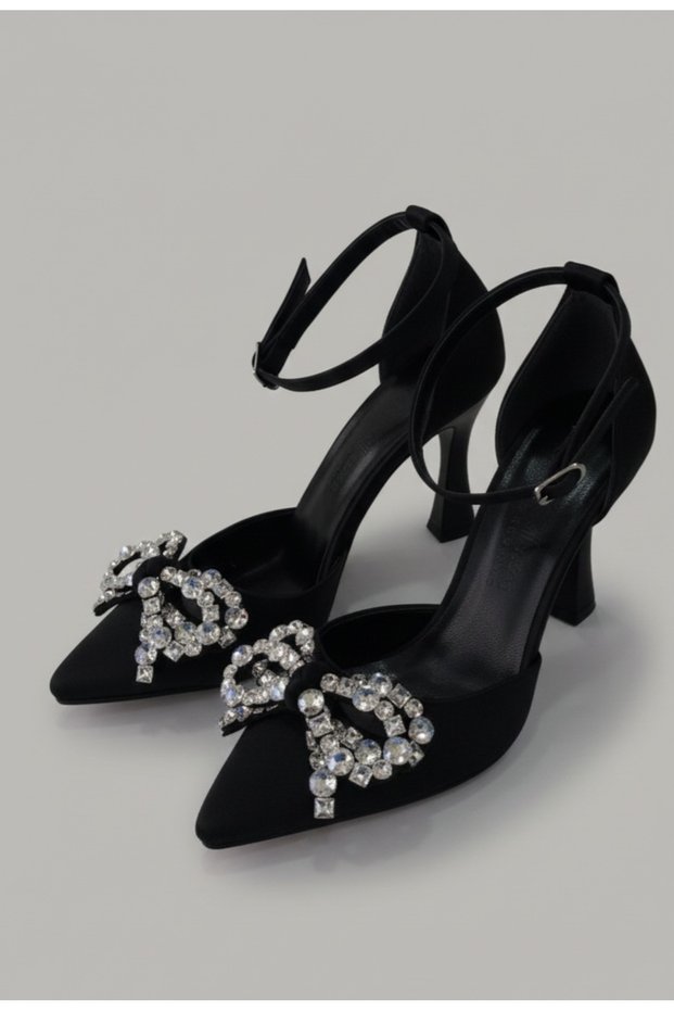 Satin Elegant Evening Dress Shoes with Rhinestone Ribbon and 9cm Heel