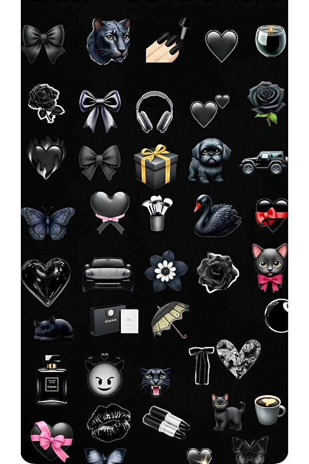 Black Themed Aesthetic Sticker Set – Emoji, Cat, Heart & Accessory Designs | 22X30 cm