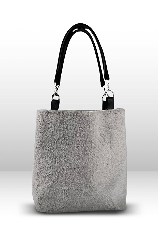 Furry Soft Touch Plush & Leather Women's Gray Hand and Shoulder Bag - Leather Handle