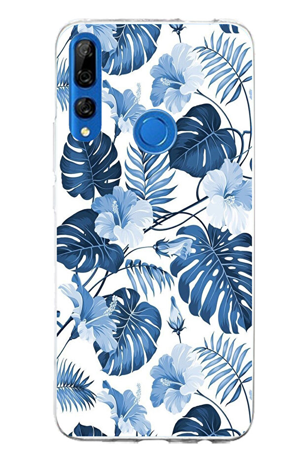 Honor 9X Compatible Blue Leaf and Flower Patterned Printed Silicone Case - 1