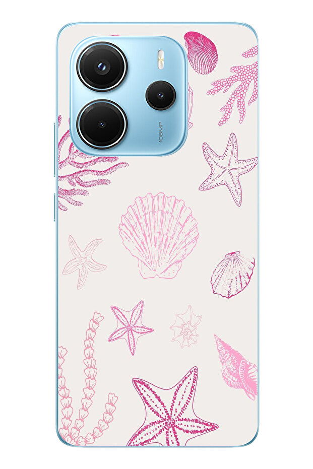 حافظة سيليكون متوافقة مع هاتف Redmi Note 14 4G باللون الوردي وStarfish and Shell مطبوع - 1