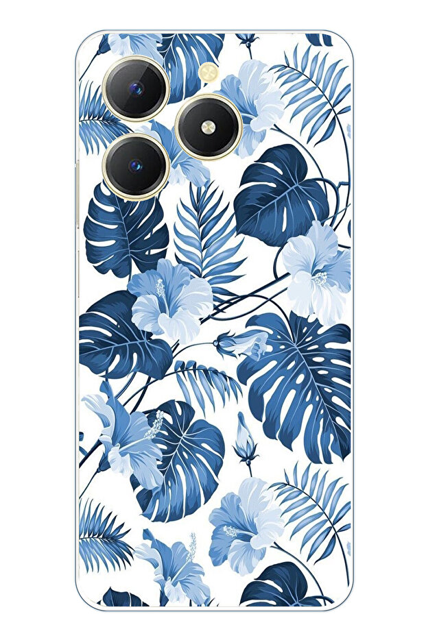 حافظة سيليكون مطبوع متوافقة مع ريلمي C61 بنمط أوراق الشجر الزرقاء والزهور - 1