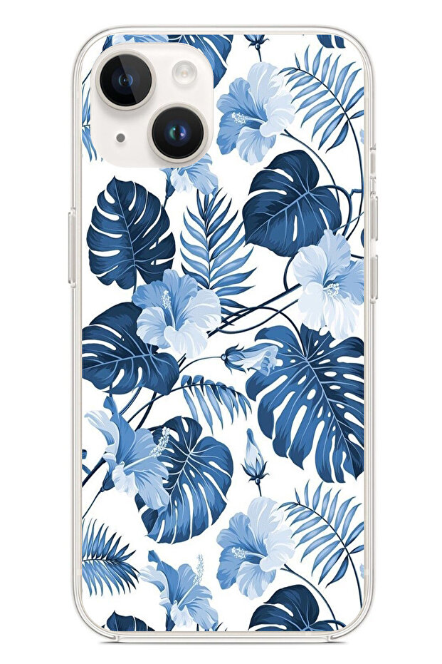 Blue Leaf and Flower Patterned Printed Silicone Case Compatible with iPhone 13-14 - 1