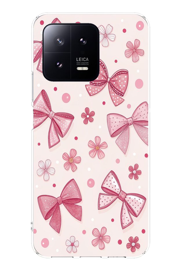 Xiaomi Mi 13 Compatible Pink Bow, Flower and Polka Dot Printed Silicone Case
