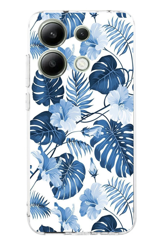 حافظة سيليكون مطبوع متوافقة مع هاتف Redmi Note 13 4G بنمط أوراق الشجر الزرقاء والزهور - 1