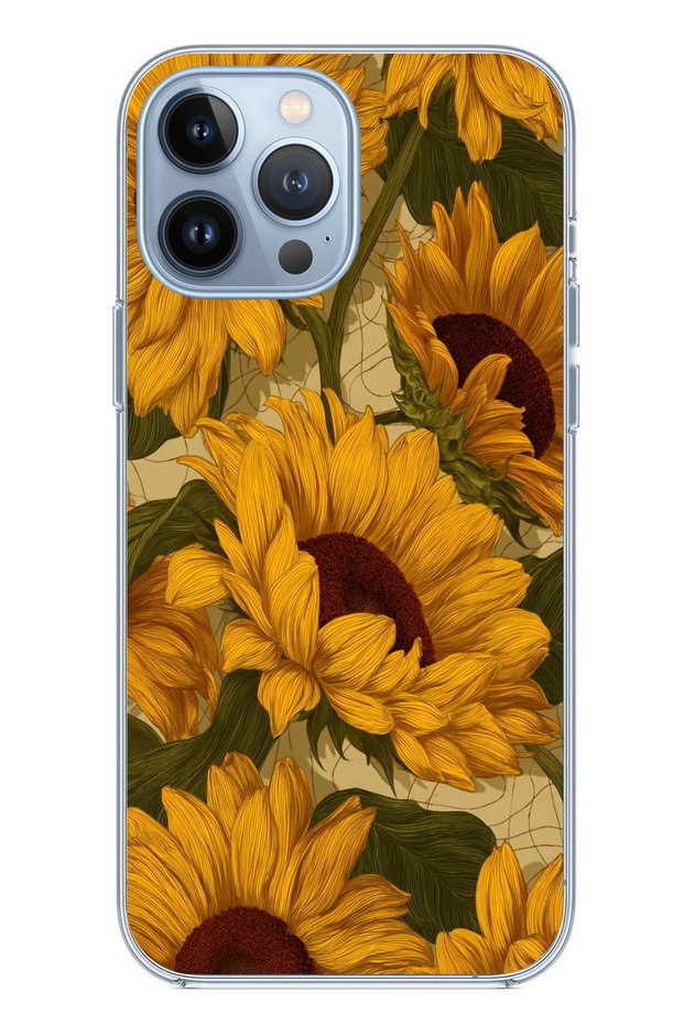 حافظة سيليكون متوافقة مع هاتف iPhone 13 PRO MAX باللون الأصفر الذهبي Sunflower Garden مطبوع